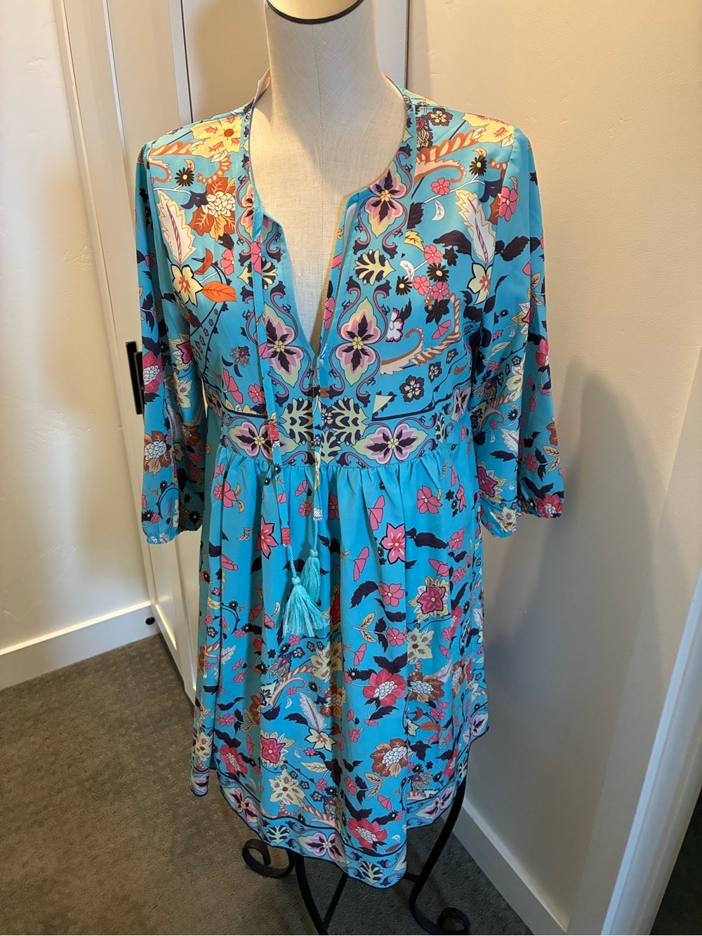 Turquoise Floral Boho Tunic Dress with Tassel Tie size medium